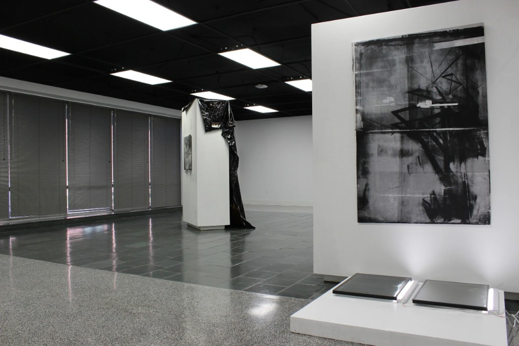Gallery installation view: large-scale painting, sculptural forms, and mixed media in an exhibition space